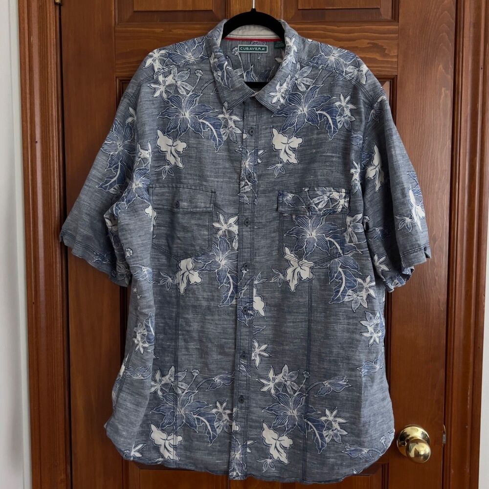 Cubavera 2XLT Blue White Floral Linen Blend Short Sleeve Button Up Shirt Camp